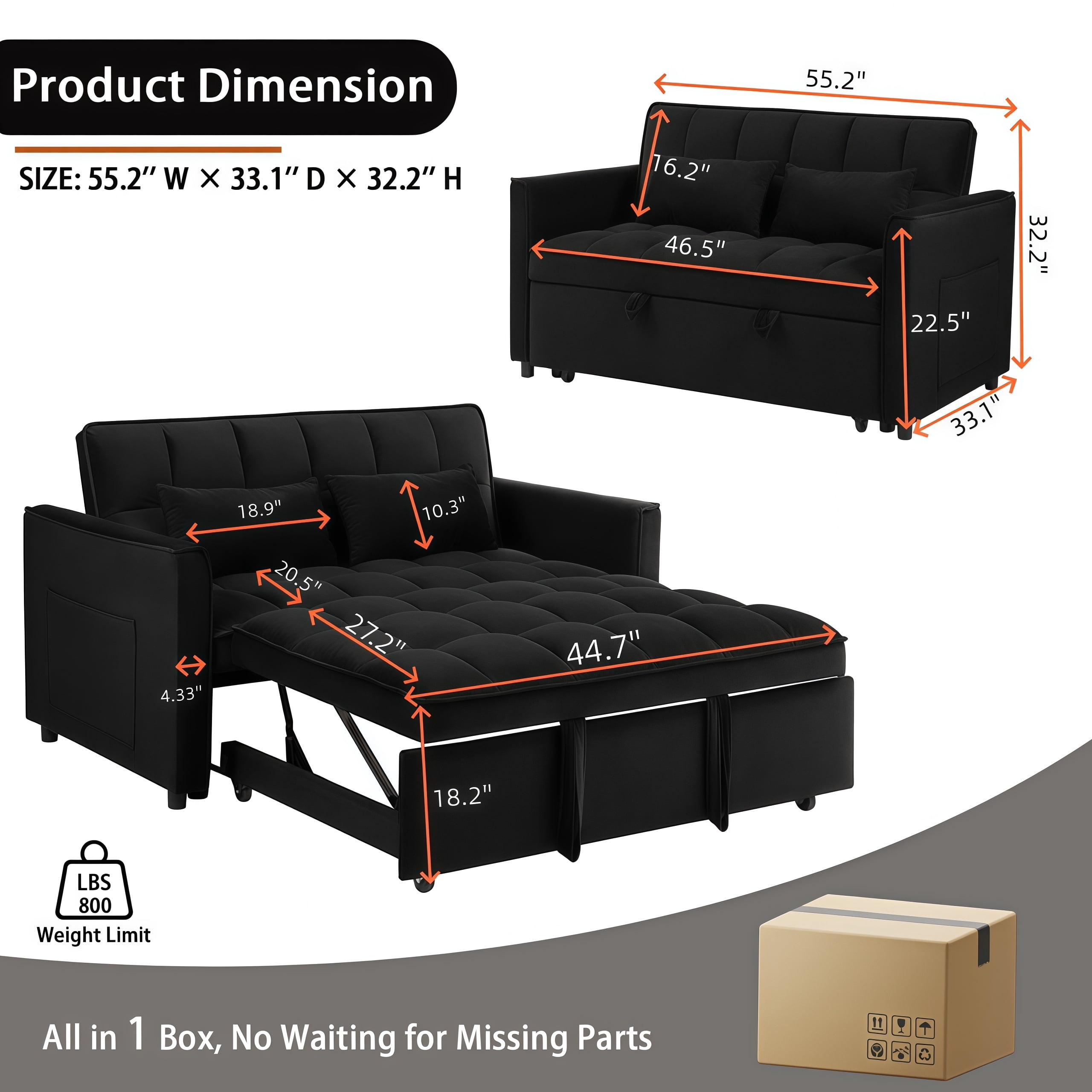 EPOWP 3 in 1 Folding Convertible Sofa Bed,55'' Pull Out Couch Bed with Side Pocket,Velvet Fabric Loveseat Sleeper Sofa with Adjustable Backrest,Easy Assembly,Perfect for Living Room,Black