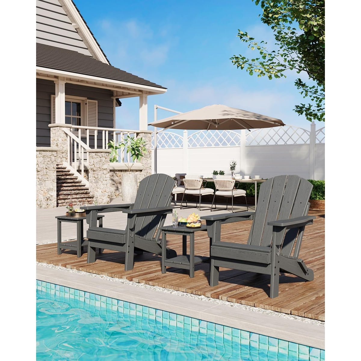 1PC Folding Adirondack Chair, HDPE Outdoor All-Weather Fire Pit Chairs, Outdoor Wooden Lounge Chair, Modern Lounger Adirondack Chairs Ergonomic Extended Backrest for Deck, Patio, Pool, Backyard