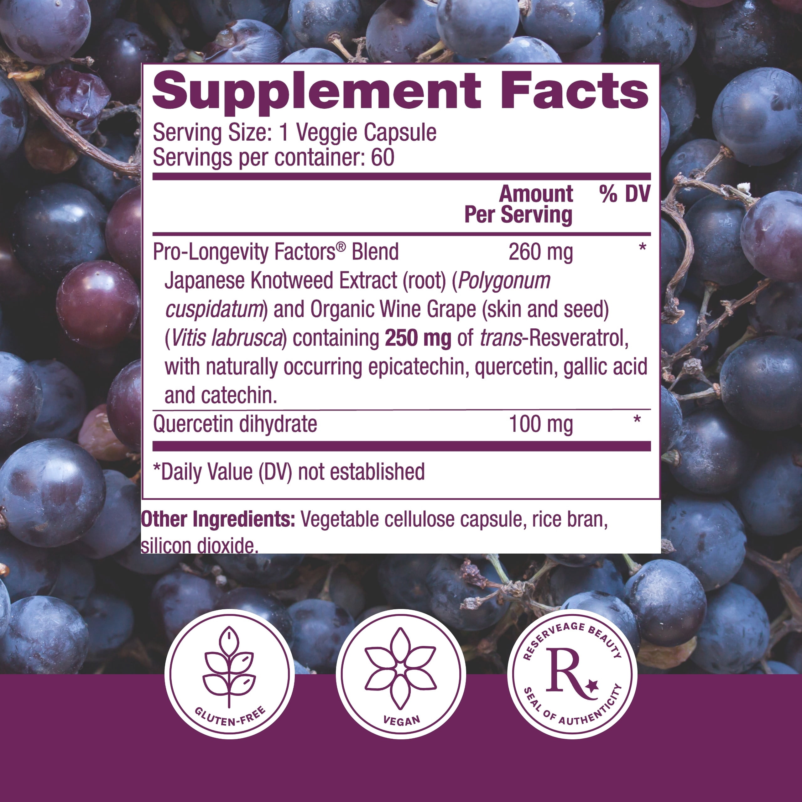 Reserveage, Resveratrol 250 mg, Antioxidant Supplement for Heart and Cellular Health, Supports Healthy Aging, Paleo, Keto, 60 Capsules