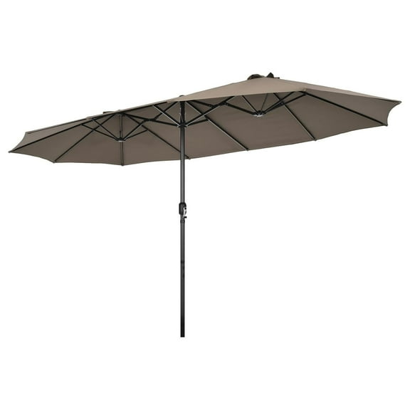 15Ft Double-Sided Patio Umbrella, Outdoor Extra Large Umbrella W/Hand-Crank System & , Twin Umbrella W/ 12-Rib Sturdy Metal Frame for Poolside, Garden Backyard (Brown)
