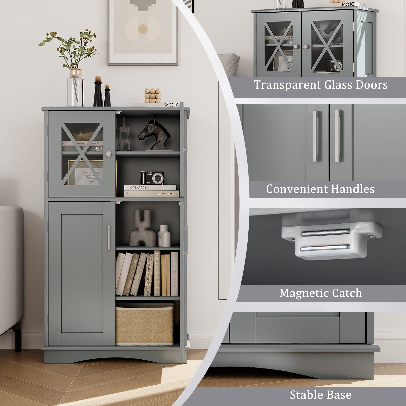 Giantex Bathroom Floor Storage Cabinet, Freestanding Linen Cabinet w/3 Adjustable Shelves, Grey