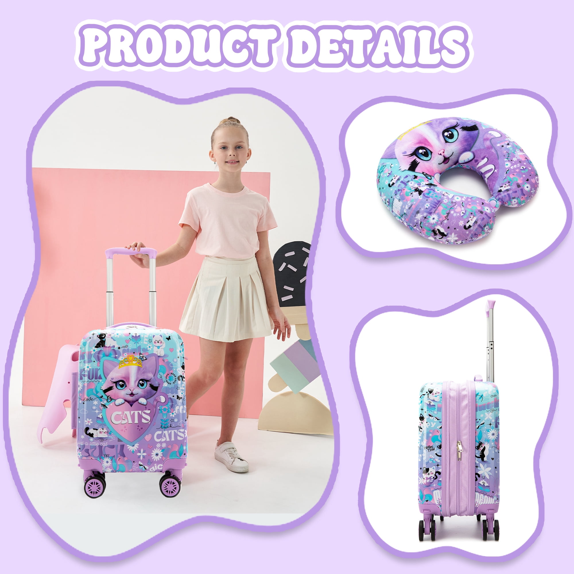 Kids Rolling Luggage Sets for Girls Cute Carry on Suitcases Hardshell with Wheels Airline Approved 16 Inch Suitcase with Travel Pillow