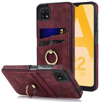 Case for Samsung Galaxy A22 5G with Metal Ring Holder Kickstand Card Slots Phone Cover, PU Leather Slim Plain All-Inclusive Shockproof Protection Case for Samsung Galaxy A22 5G 6.6 Inch,Winered