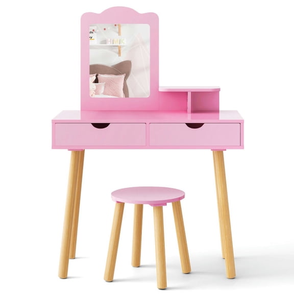 Kepooman Kids Vanity Set, Makeup Vanity Table Chair Set, Kid Vanity Table Chair Set with Mirror and 2 Large Storage Drawers-Pink