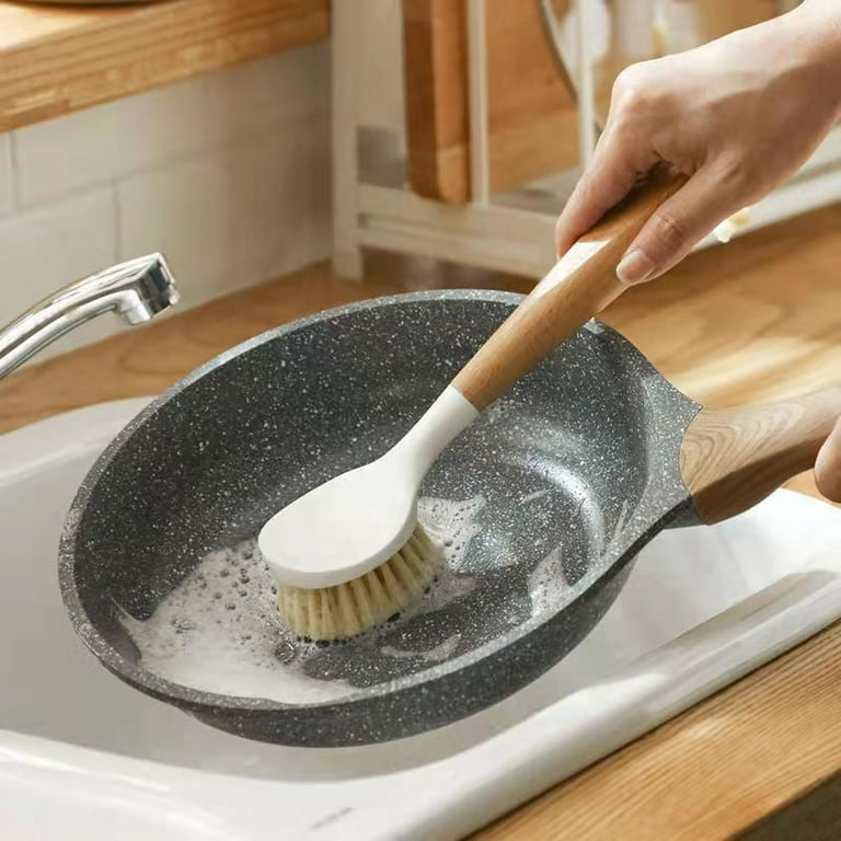 Home Kitchen Dish Brush Bamboo Handle Dish Scrubber Built-in