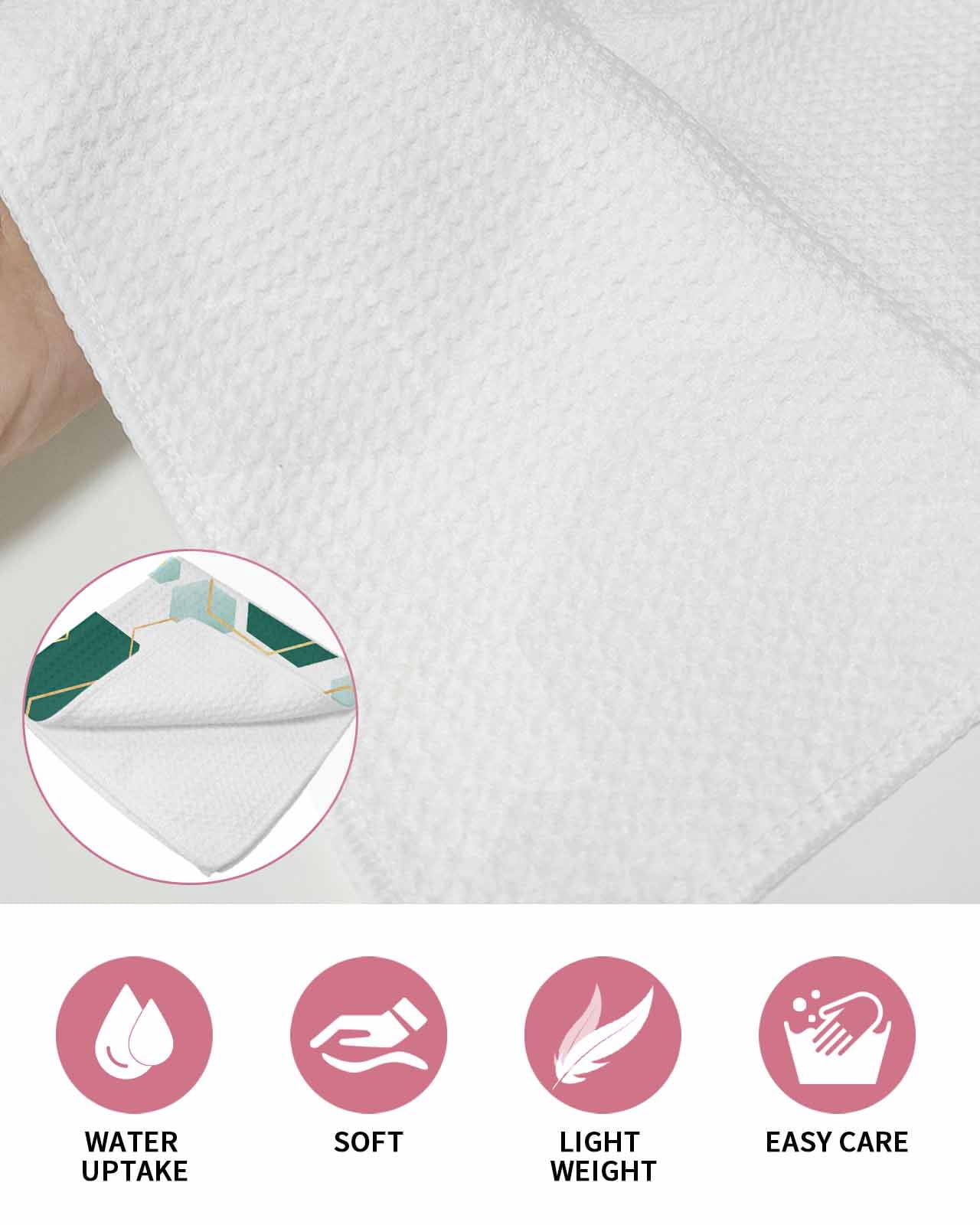 Turquoise Marble Kitchen Dish Towels for Drying Dishes Set of 2, Gold White Geometric Hexagon Modern Waffle Weave Microfiber Hand Tea Bathroom Towels Quick Dry & Absorbent Towel 15.7x23.6