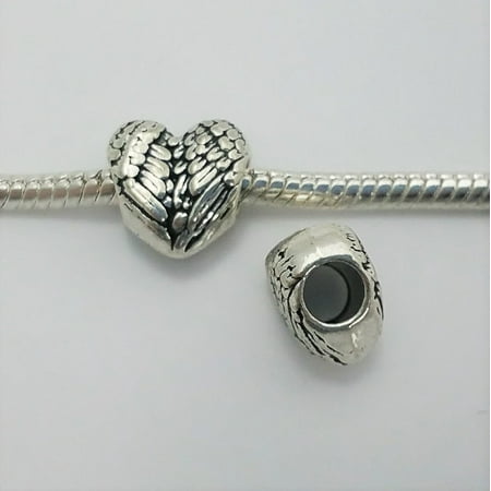 - 3 Beads - Angel Heart Wings Silver Tone European Bead Charm E1586