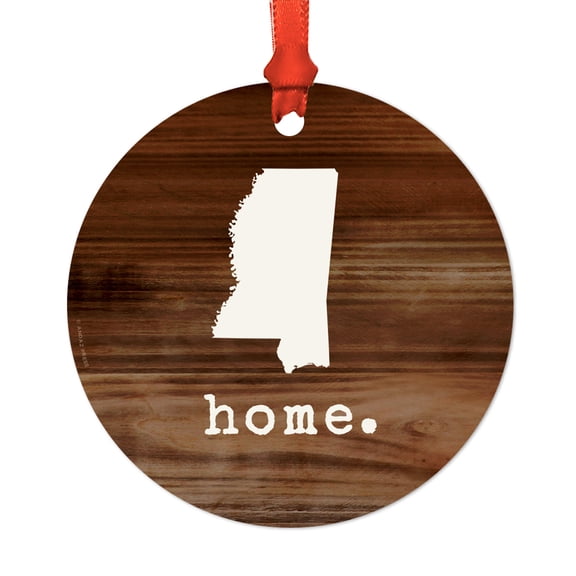 US State Round Metal Christmas Ornament, Rustic Wood Print, Mississippi, Includes Ribbon and Gift Bag