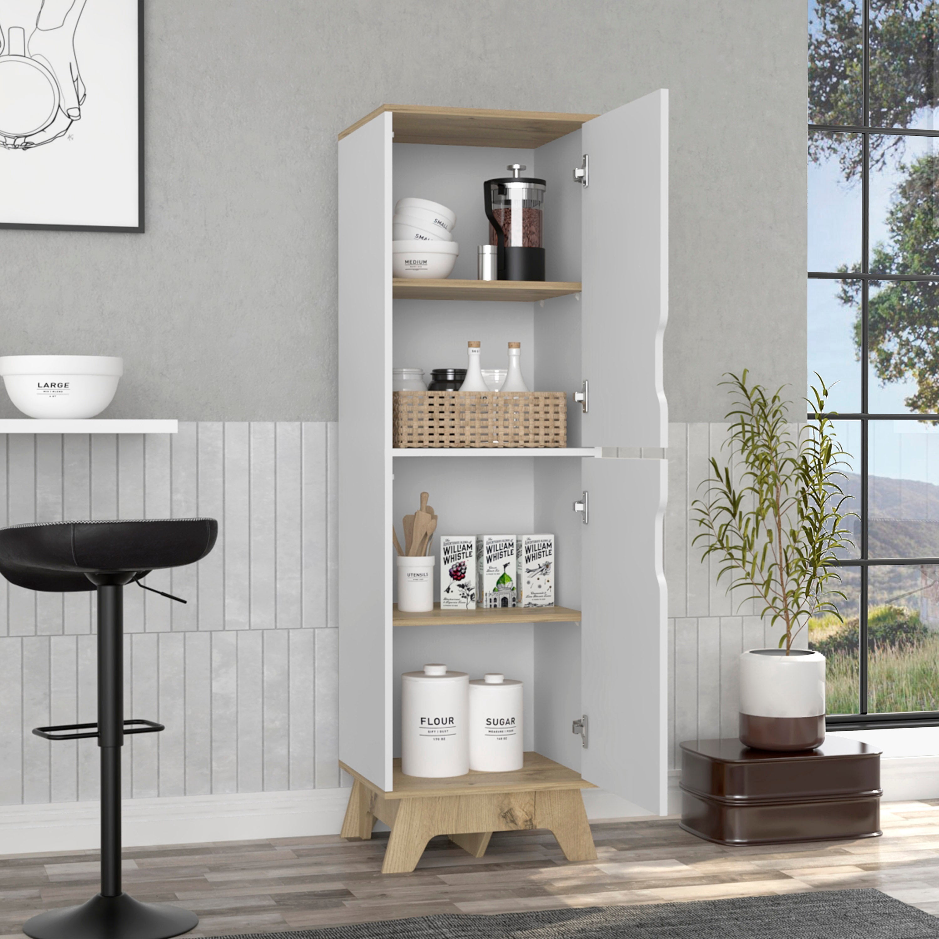 Boahaus Ox Modern Pantry Cabinet, Assembled Product Height 59 in, Light oak / White
