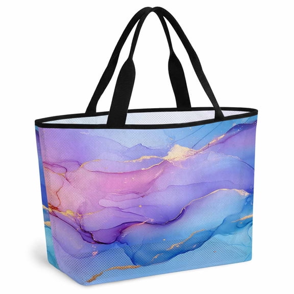 Blue Purple Ombre Beach Bag for Women, Large Breathable Mesh Beach Tote Bag, Marble Abstract Modern Ink Painting Sandproof Lightweight Travel Bags for Vacation Picnic Swimming Pool 15.7"x15.7"x9.1"