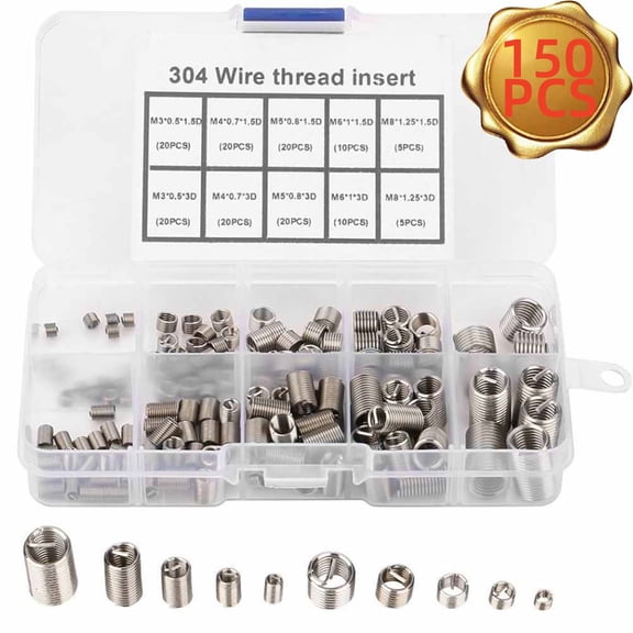 Wire Thread Inserts Assortment Kit, M3 to M8 Helicoil Steel Repair Sleeves, 150 Pcs