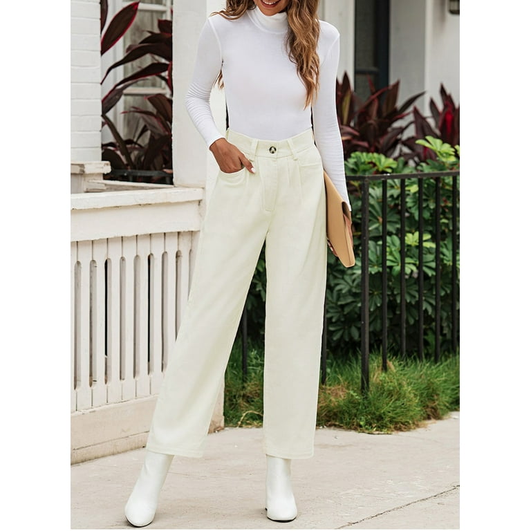 Women Casual Corduroy Straight Leg Trousers High Waist Button Front Loose  Fit Solid Color Comfy Trousers with Pockets