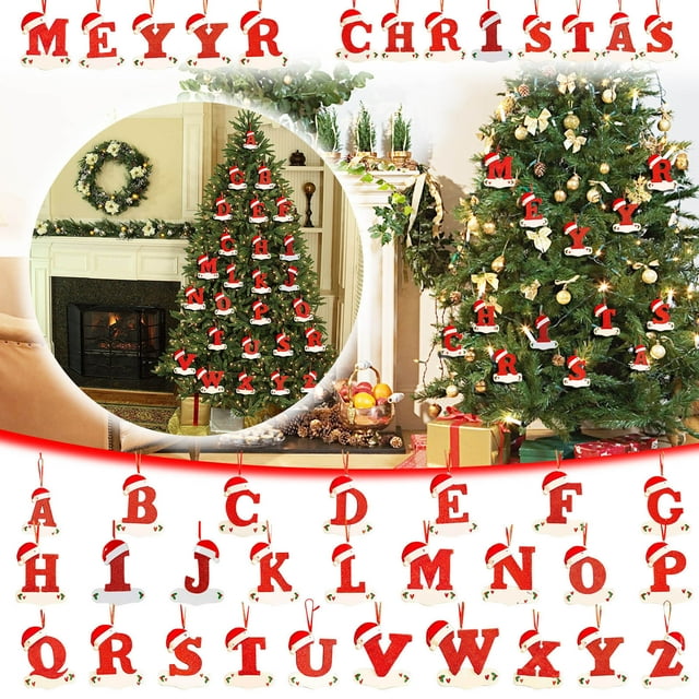 LSLJS 5Pcs Christmas Ornaments 26 Letters Christmas Decorations Hanging Gifts for Christmas Tree, Decorative Hanging Xmas Alphabet Letters for Christmas Tree DIY Crafts (Christmas Hat Style)
