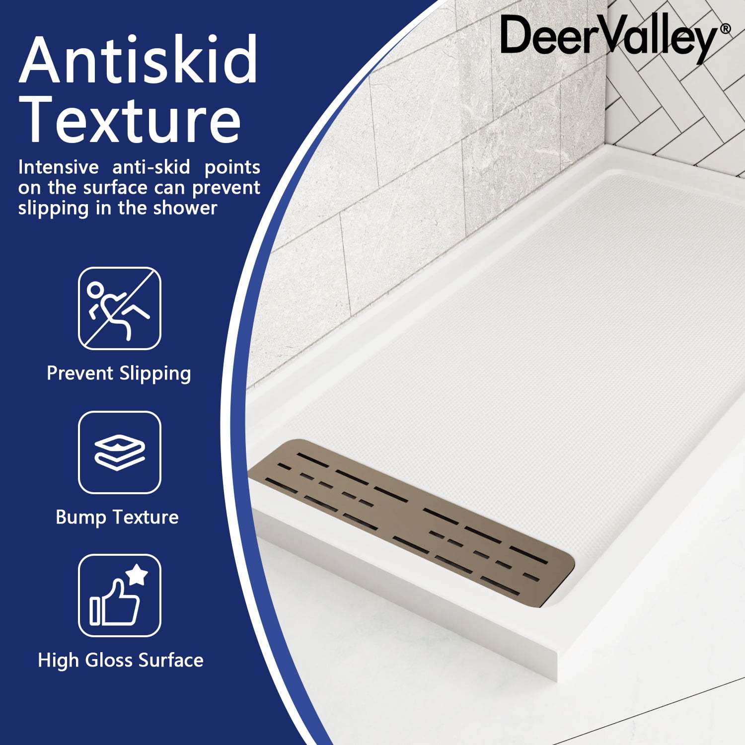 DV-1SB0099L 60" x 32" White Shower Base with Drain Assembly and Drain Cover Included, Non-slip Shower Pan