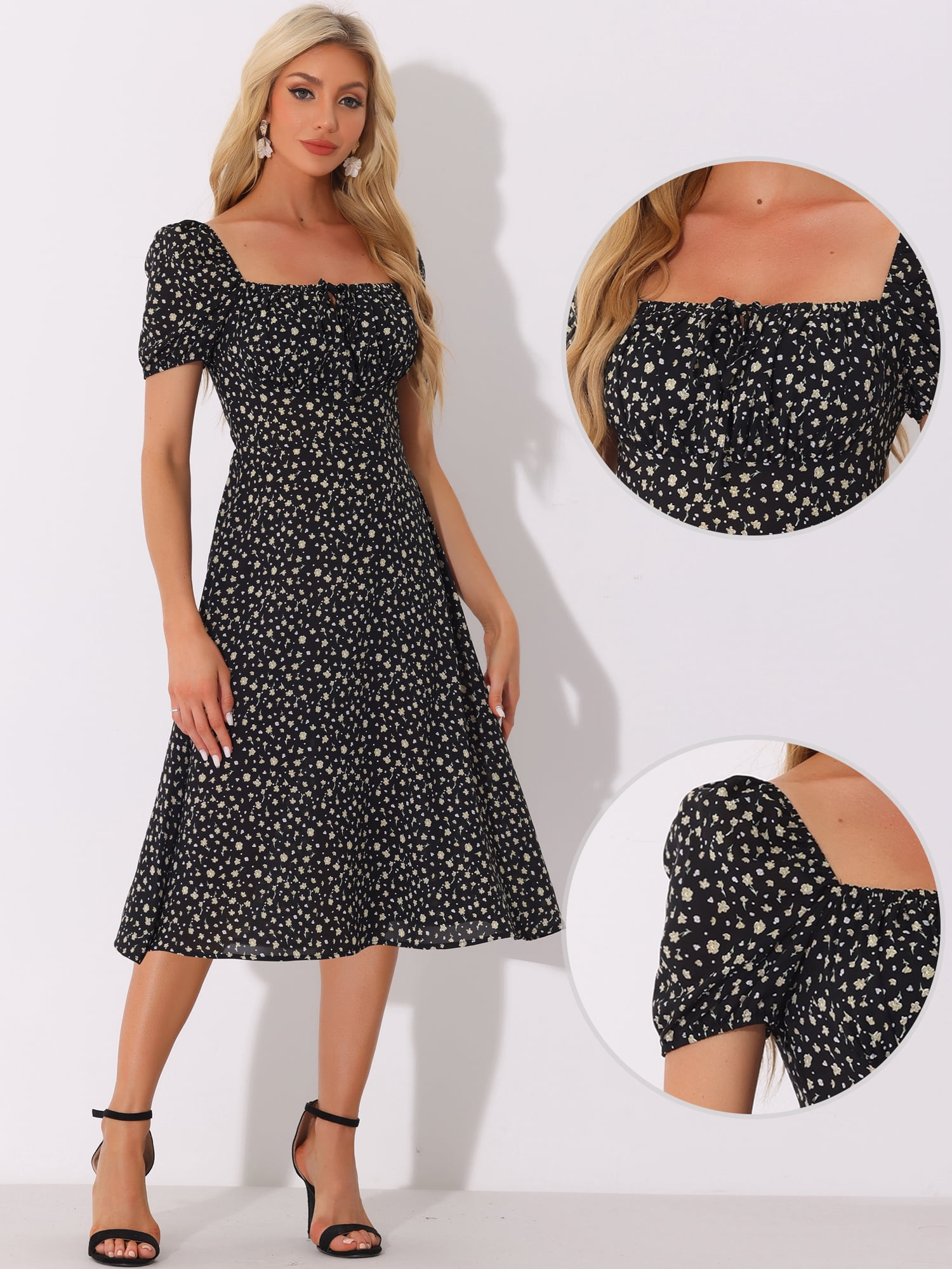 DARING DIVA Floral Puff Sleeve Smocked Square Neck Midi Dress M Black
