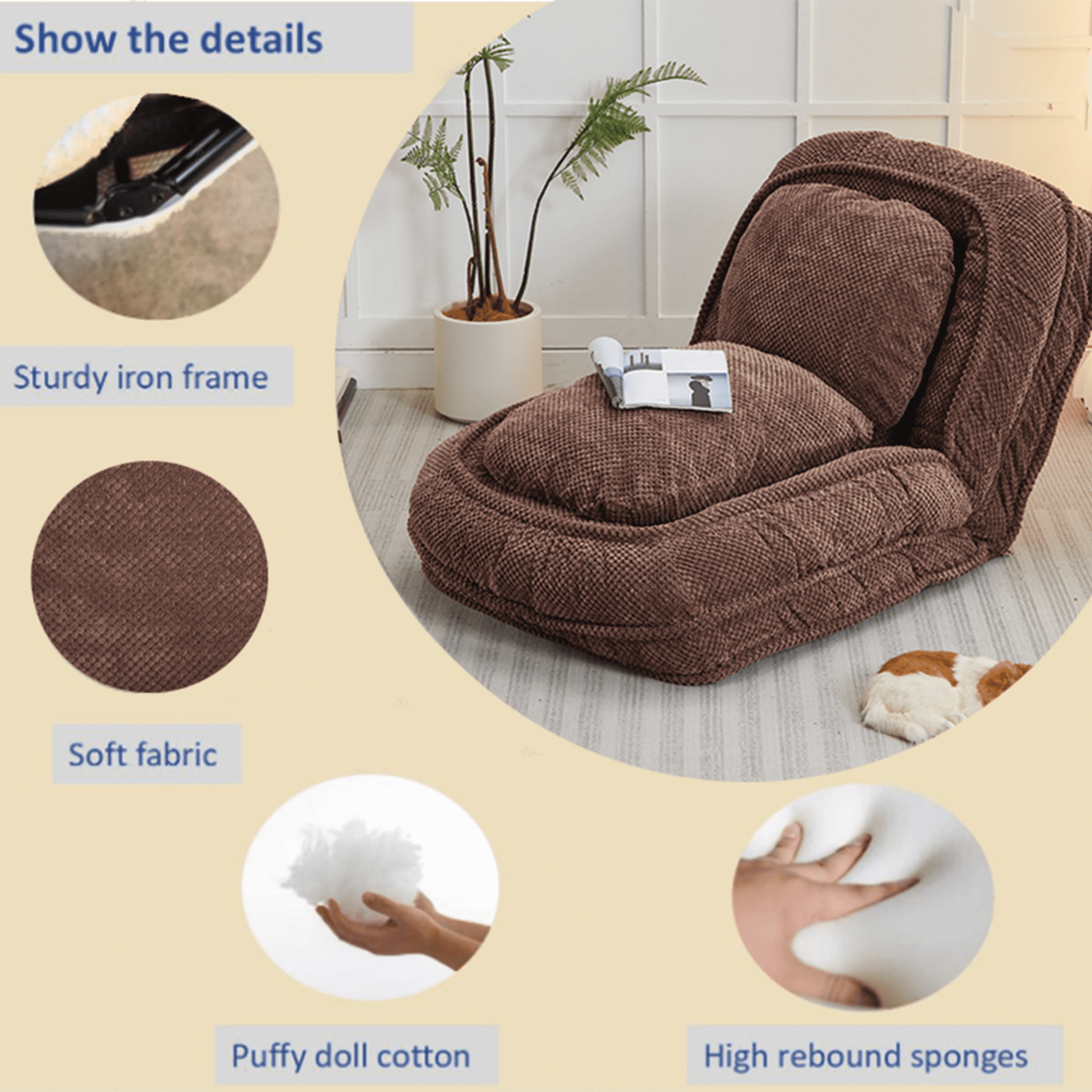 Aukfa Fold Lazy Sofa Bed,Floor Chair Small Couch with 5&nbsp;Adjustable for Living Room, Brown