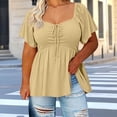 thumbnail image 3 of Women's Blouses Ndbuld Women's Spring And Summer Solid Color Plus Size Fashion Elastic Petal Sleeve T-Shirt With Round Neck Khaki XXL, 3 of 5