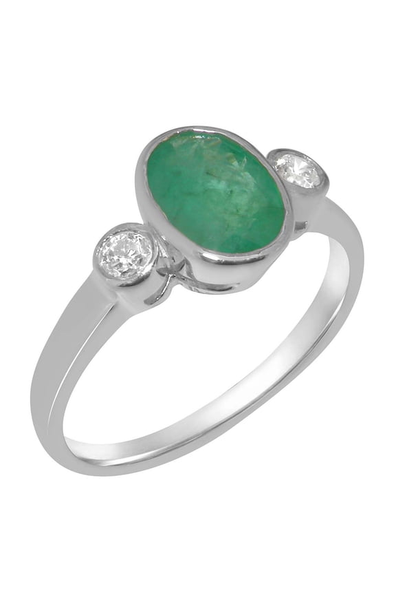 LBG British Made Solid Sterling Silver Natural Emerald & Cubic Zirconia Womens Anniversary Ring - 33 size options - Size 10.25