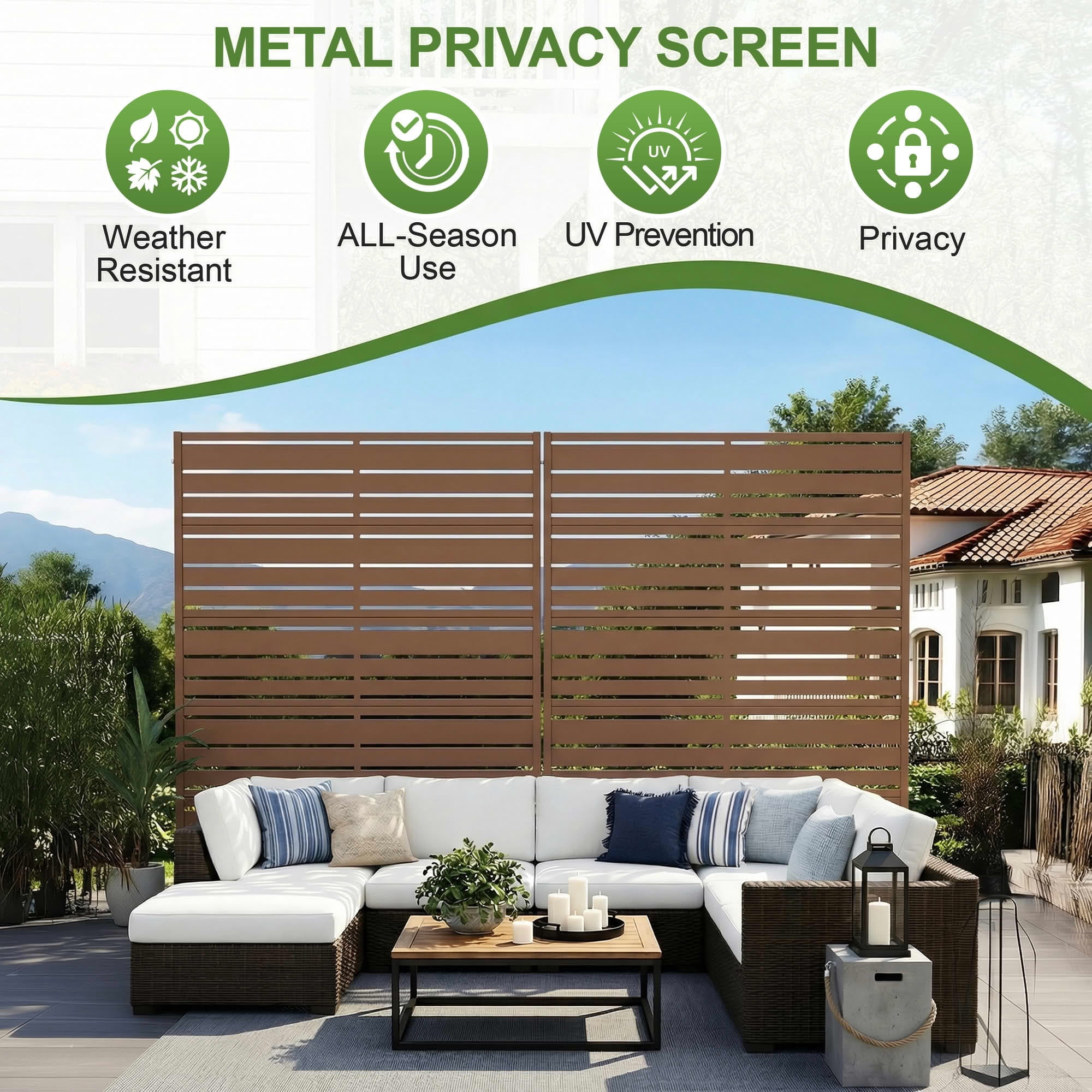 MAYEERTY 2-Piece 72"x47" Privacy Screen, Brown 6-Panel Galvanized Steel Louvered Fence, Wide-1 Narrow-2, Freestanding for Patio Backyard