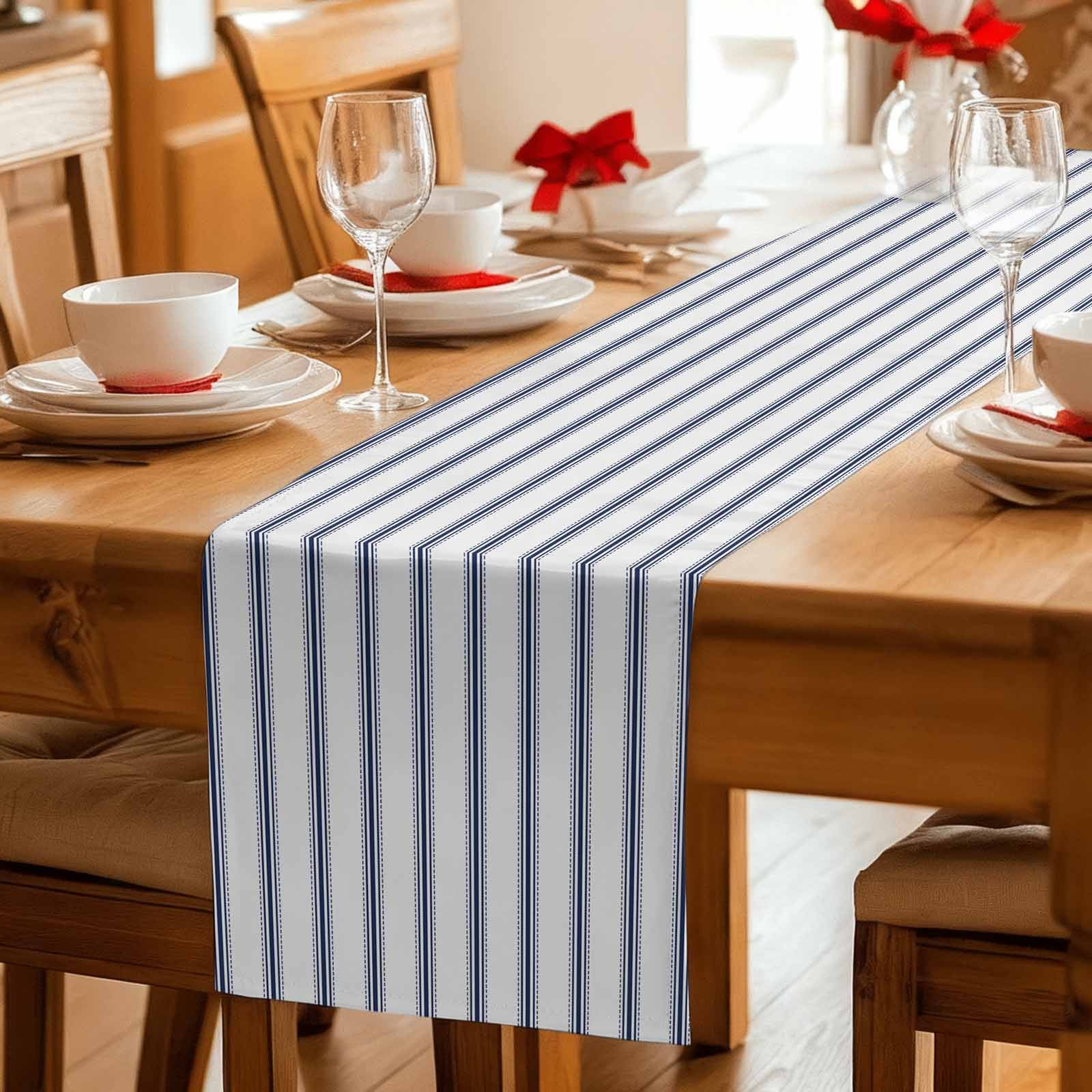 Navy Blue Striped Table Runner, Navy Blue White Stripes Farmhouse Washable Cotton Linen Table Runners 72 Inches Long, Dresser Scarf Runner for Dining/Coffee/Kitchen/TV Stands/Cabinets 13''x72''
