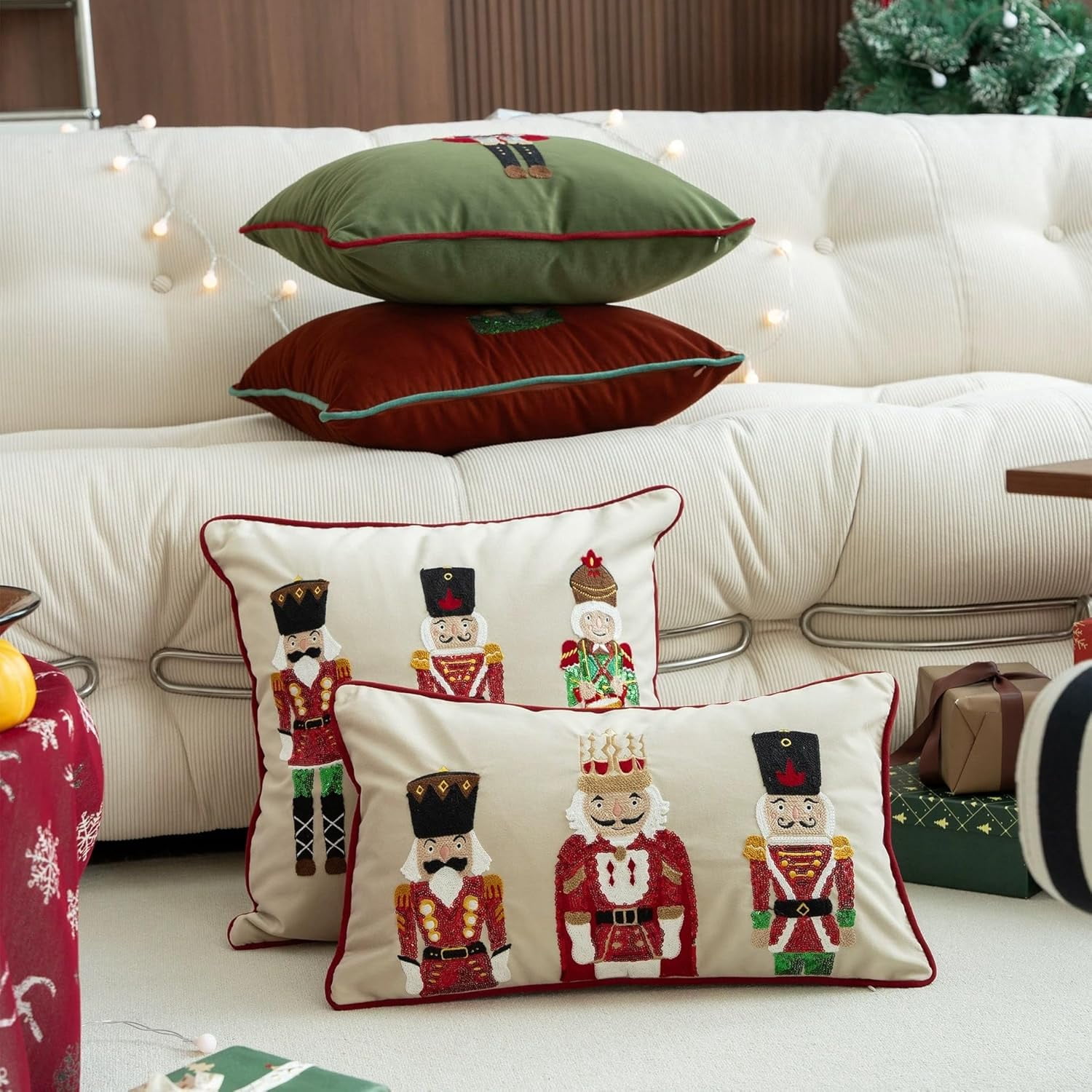 Fennco Styles Embroidered Sequin Nutcracker Velvet Throw Pillow Cover 18" W x 18" L - White Festive Cushion Case for Home, Christmas, Winter Holidays Décor, and Special Occasions