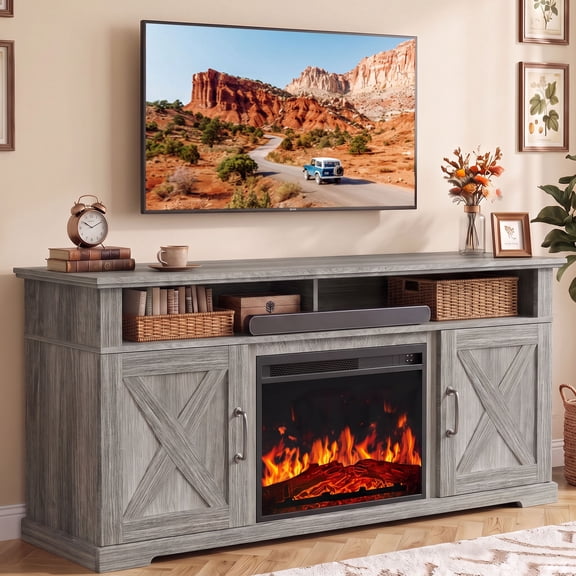 Electric Fireplace TV Stand for TVs up to 75", Farmhouse Entertainment Center with Fireplace, Grey
