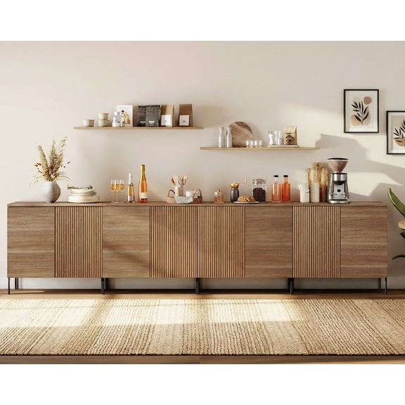 126" Wooden Fluted Sideboard with 8 Doors and Adjustable Shelves, 4-In-1 Modern Credenza Storage Cabinet for Kitchen, Dining Room