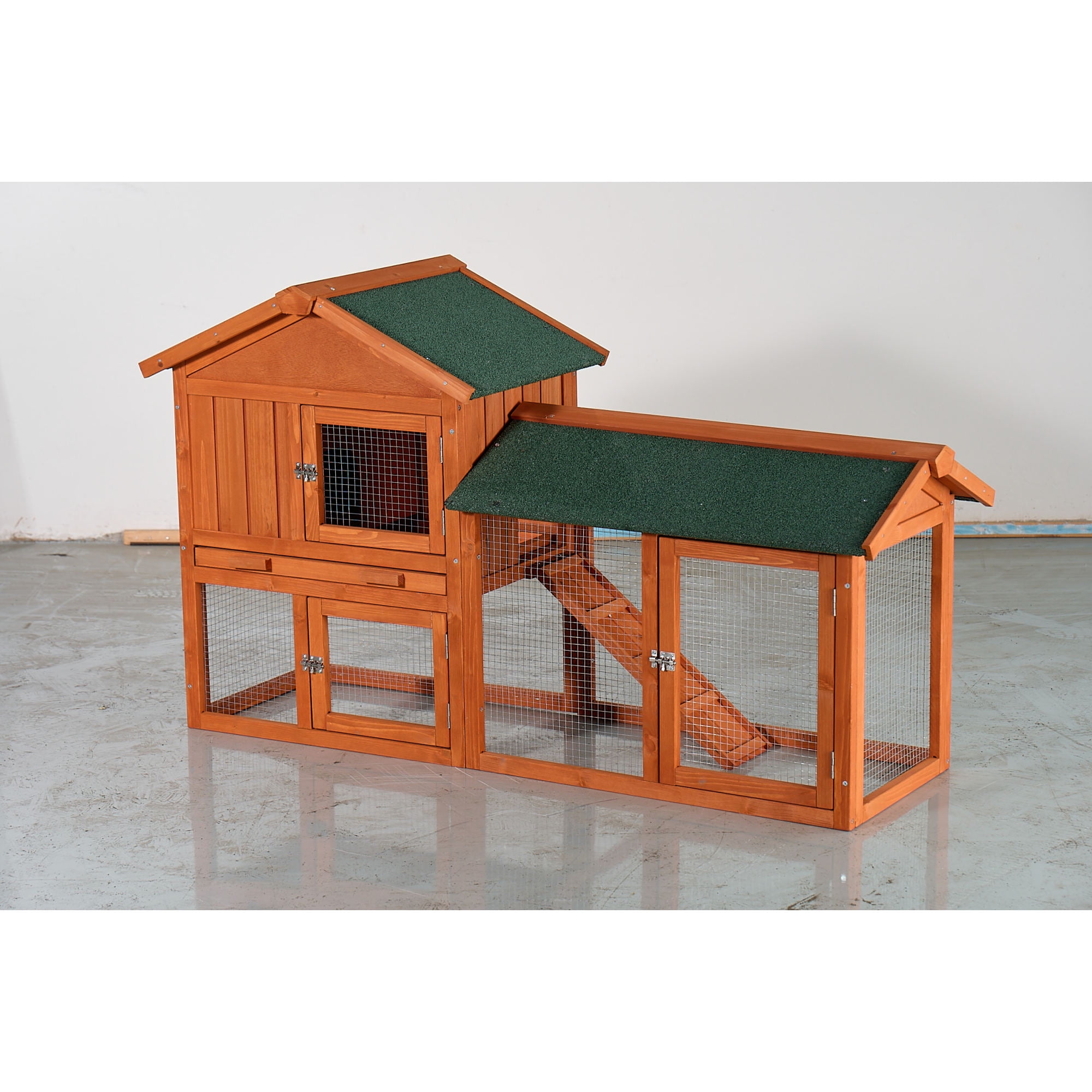 Jopath Large Wooden Rabbit Hutch, 2-Story Outdoor Bunny Cage with Waterproof Asphalt Roof, Pull-Out Tray and Ramp,Fir Wood Pet House for Rabbits,Chickens,Guinea Pigs (Brown & Green)