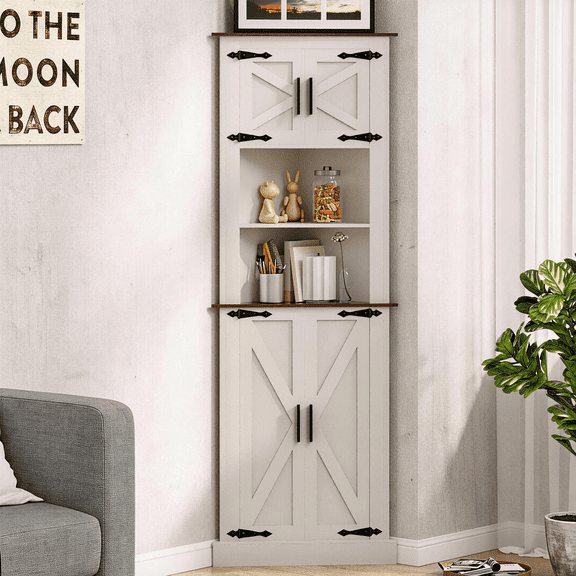 LAUSAINT HOME 67.7'' Tall Corner Cabinet, Corner Storage Cabinet with Barn Door Design & Adjustable Shelves, White