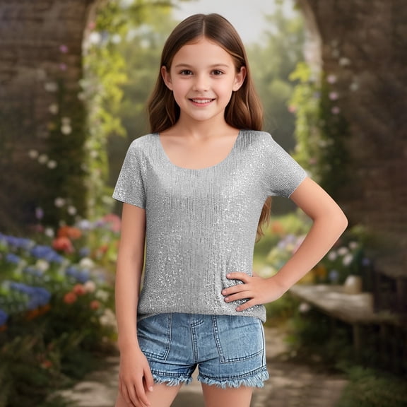 Vmvidoty Children Sequined Blouses Dressy Tops Fashion Crew Neck Summer Outfits for Birthday Party Silver 140