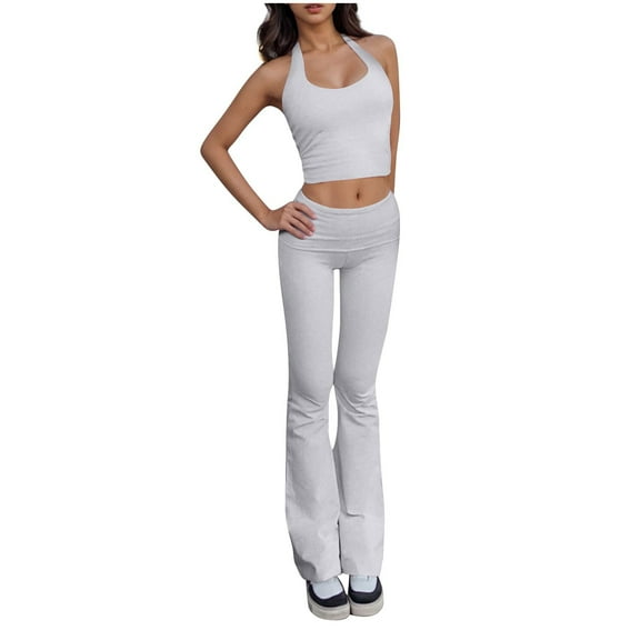 Hrsba Solid Color Back 2 Piece Set for Women Sleeveless Top and Stretchy Long Pants Summer Outfits