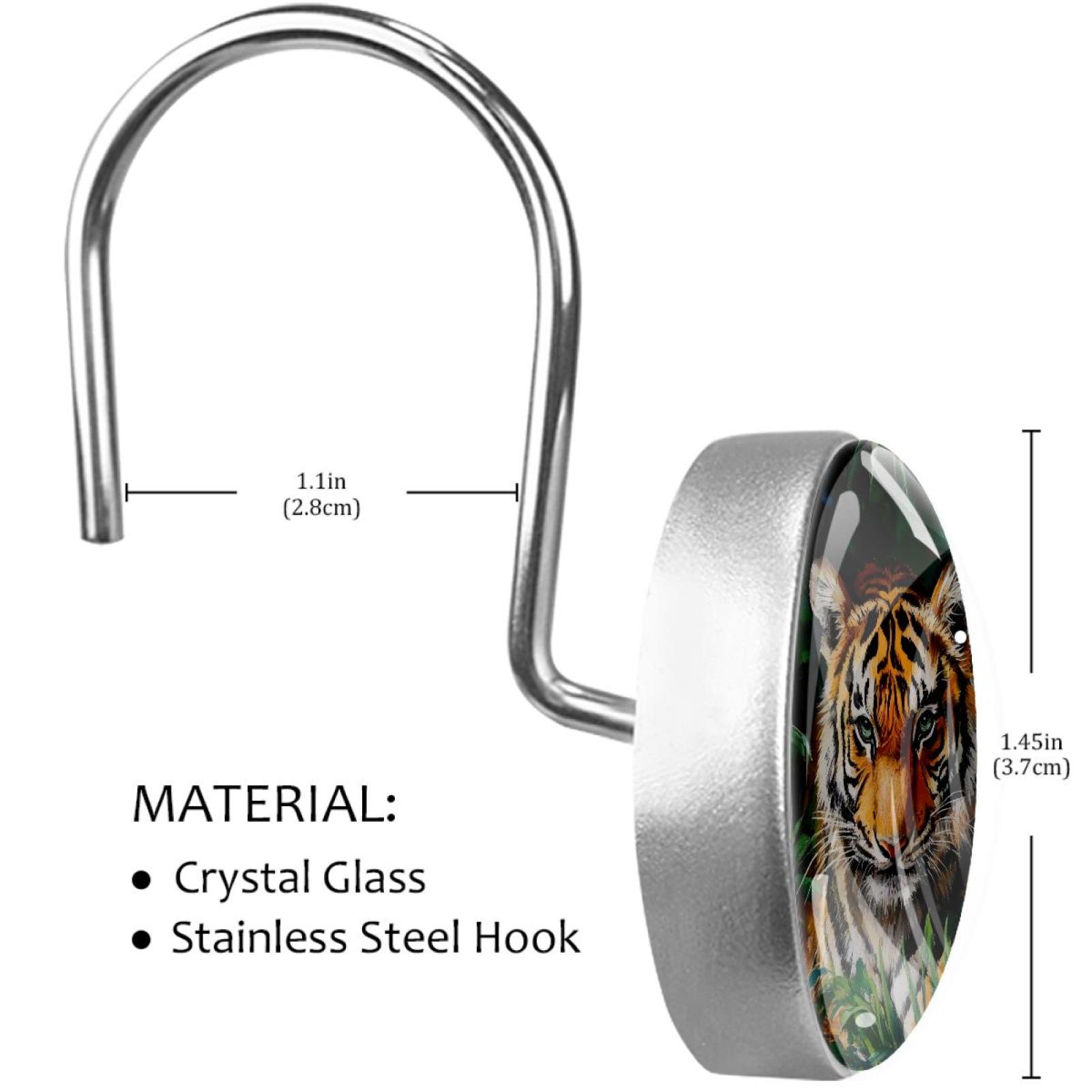 Tigers in Tropical Leaves Shower Curtain Hooks Round Crystal Glass, Set of 12 Shower Curtain Rings - Shower Hooks for Curtain Shower Rings