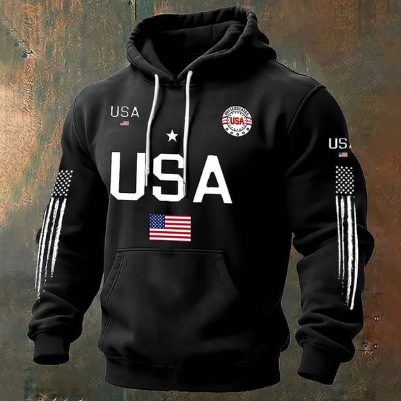Conairie Hoodies for Men's USA Patriotic Hooded Sweatshirt American Flag Graphic Pullover for 4th of July Black L
