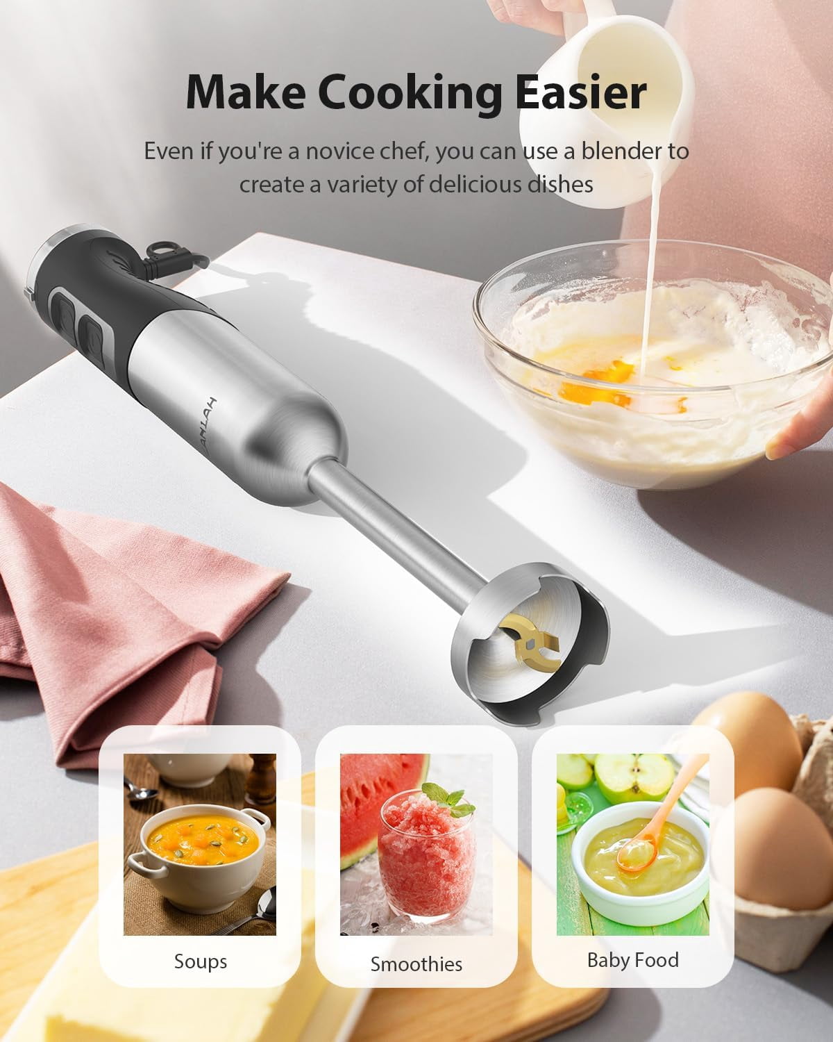 1000W Powerful Immersion Blender Handheld, 25-Speed Heavy-Duty Copper Motor for Kitchen