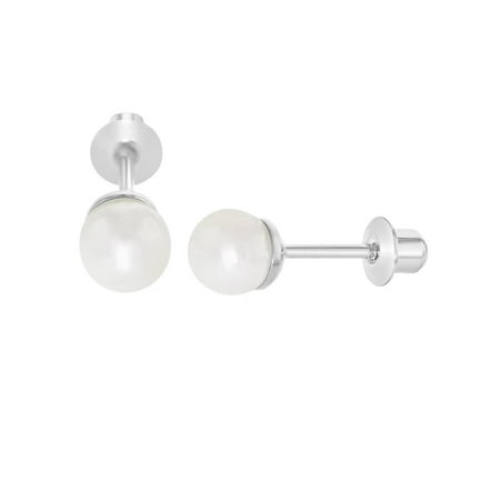 Pearl Rhodium Plated Earrings - Rhodium Plated White Simulated Pearl Screw Back Earrings for Infants