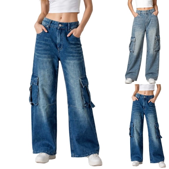 Women's Cargo Wide Leg Jeans with Pockets High Waist Button Closure Baggy Denim Pants Y2K Casual Vintage Washed Jeans Fashion Bottoms Light Blue