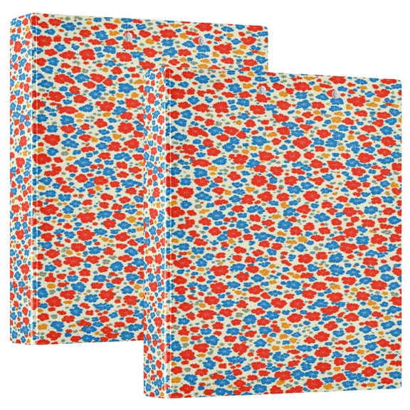 Red and Blue Floral Pattern 12.4x10.6in PVC Round Ring Binder, D-Ring 3-Hole, Metal Clip, 200 Sheets