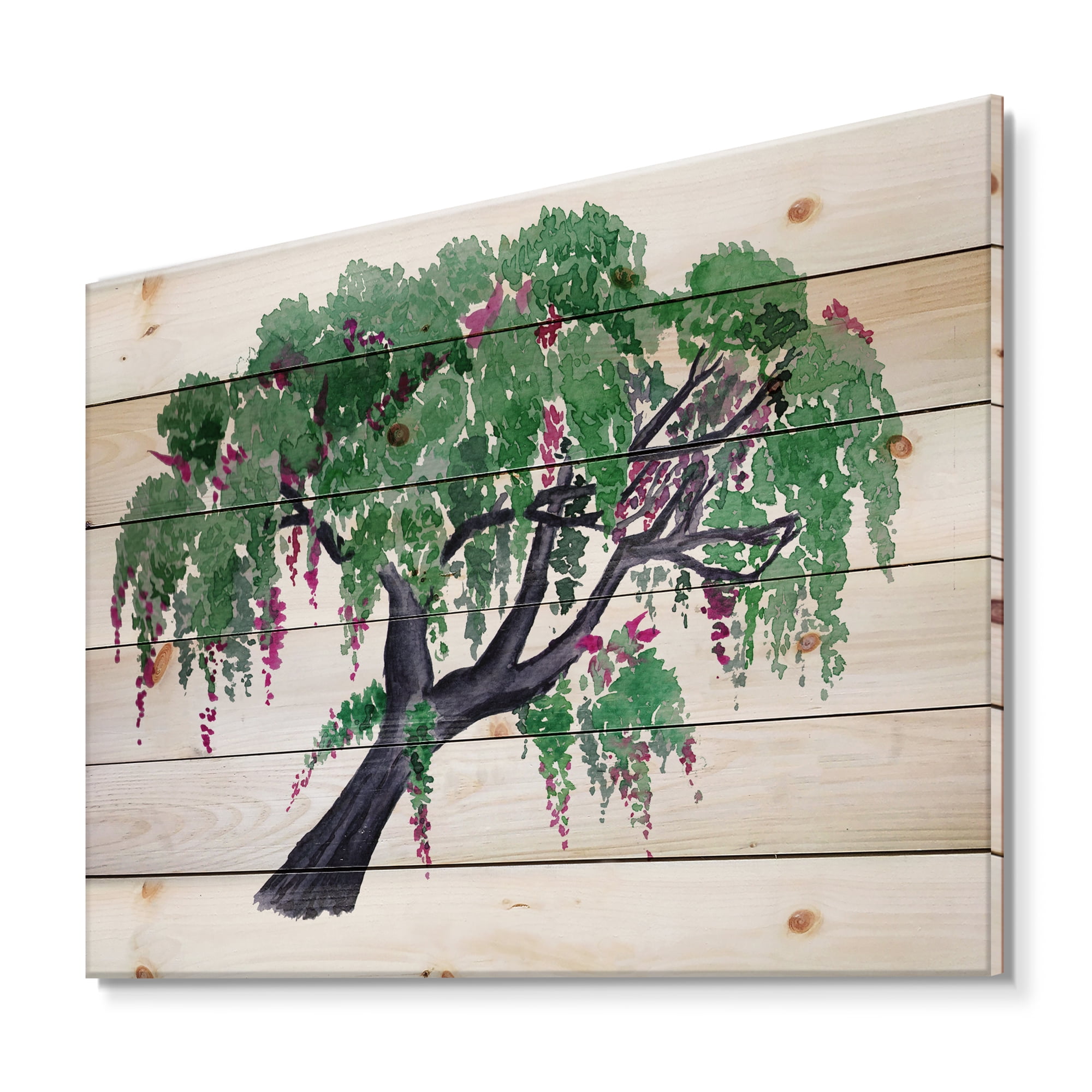 Designart 'A Lonely Tree of Wisteria' Traditional Print on Natural Pine Wood
