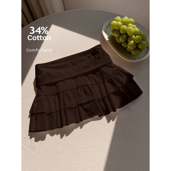 Coffee Brown Cotton Blend Ruffle Layered Mini Skirt For Women Comfortable Casual Wear