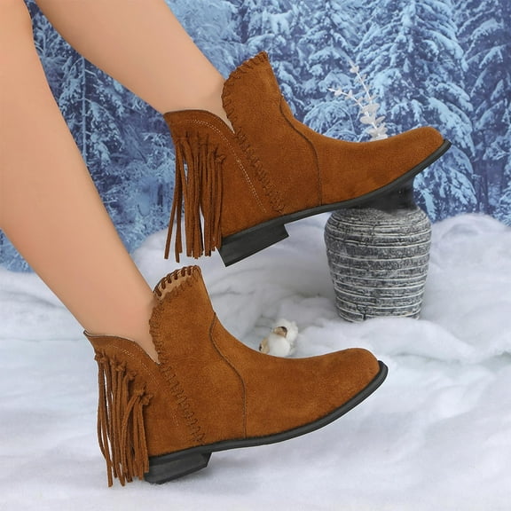 XUNKUSGA Ankle Boots for Women Fashion Fringe Round Toe Fall Boots Wide Calf Flat Tassel Boots Casual Hidden Wedge Heels Booties for Women 36-43 Brown