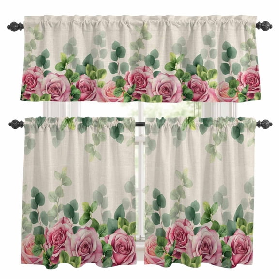 Spring Pink Roses Kitchen Curtains Sets for Windows 36 Inch Length, Pastoral Eucalyptus Leaves Rustic Burlap Rod Pocket Window Treatments Tier Curtains and Valances Set for Bedroom/Bathroom