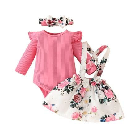 

Toddler Girls Outfits Holiday Outfits Long Sleeve Ribbed Romper Bodysuit Floral Suspender Skirts Fall Girls Clothes 6 Months-9 Months