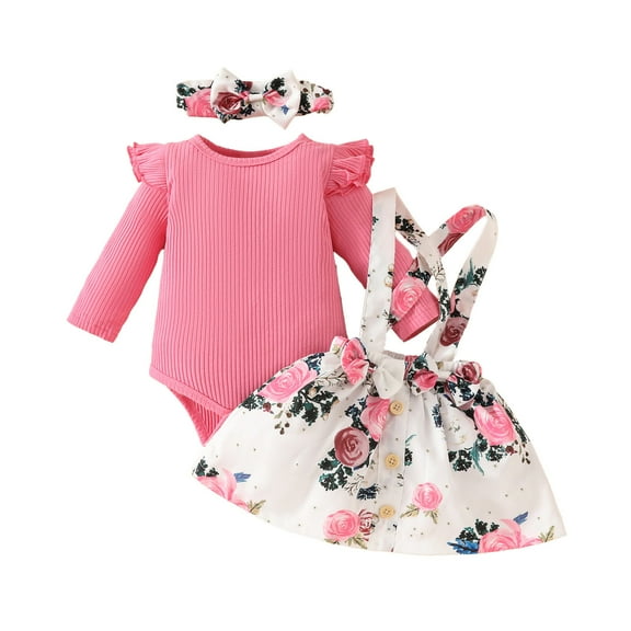 NAFUU Baby Girl Winter Clothes Baby Girl Clothes Long Sleeve Ribbed Romper Floral Suspender Skirt Dress Headband Set Fall Outfits Stylish Leisure 9-12 Months
