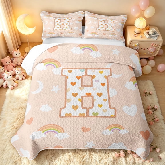 meiyoeat Cute Rainbow Love Heart Twin Quilt Set for Girls, Lovely Star Moon Twin Coverlet Set for Bedroom, Peach, 2pcs, 1 Comforter and 1 Pillowcase