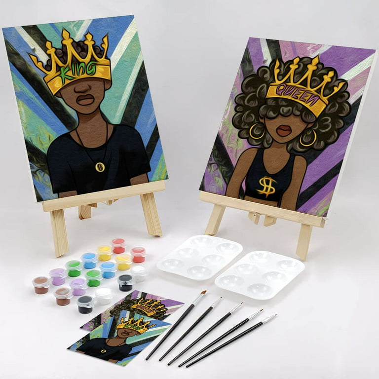  VOCHIC Paint and Sip Kit Pre Drawn for Painting for Adults  Stretched Canvases Painting Paint Party Kits Couples Games Date Night Ideas  (2 Pack) Painting Canvas Afro Queen King 8x10 Paint