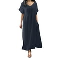 thumbnail image 2 of BONIXOOM Womens Spring Dresses Multi-theme Work V-Neck Tab Short Sleeve Pullover Dress Solid Dark Blue Dresses, 2 of 6