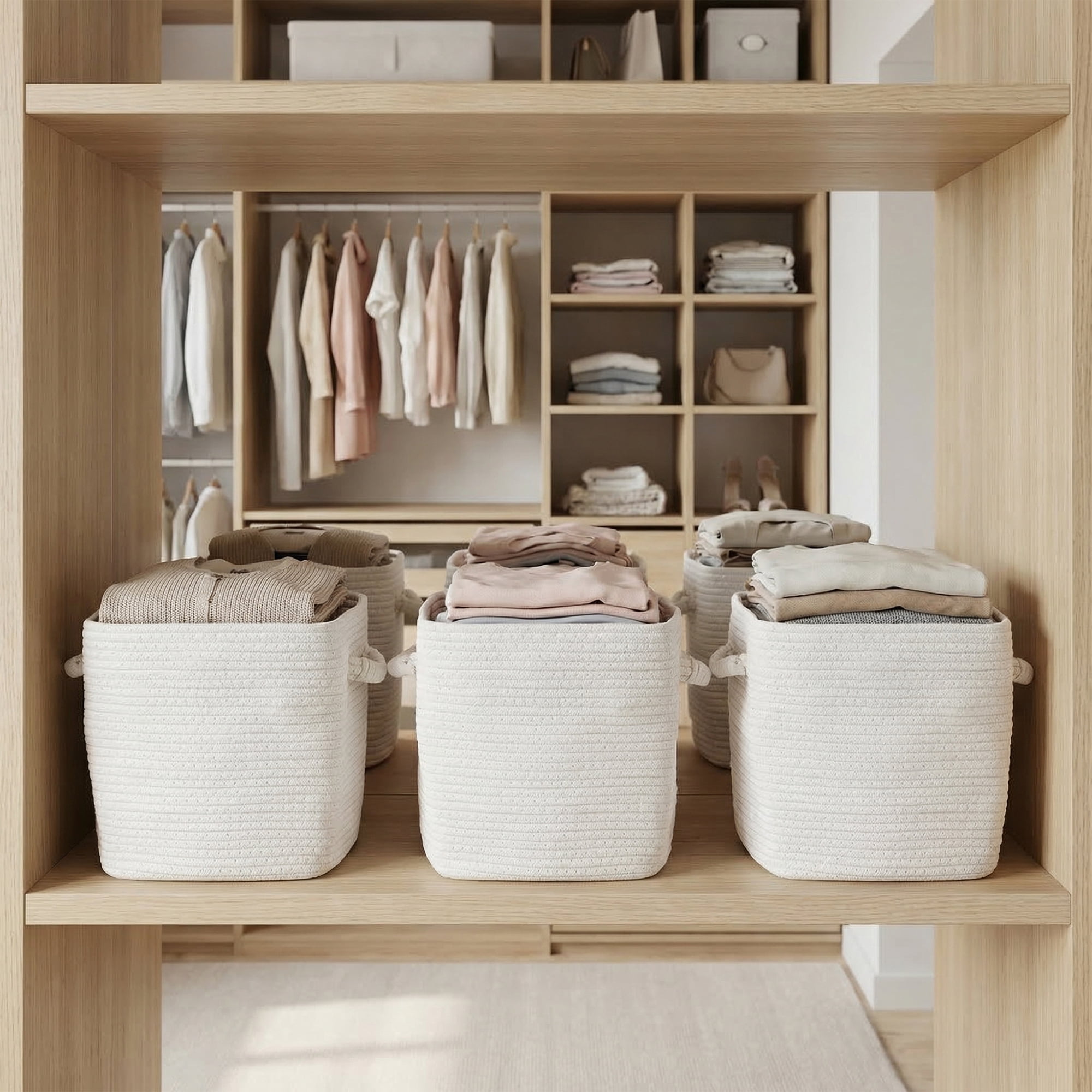 Unique Bargains Woven Storage Basket Shelf Closet White 11*11*11in