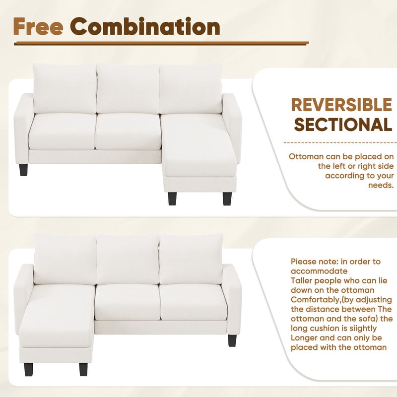 Furmax 70" Convertible Sectional Sofa Couch 3-Seat L-Shaped Small Sofa Couch with Reversible Chaise for Small Living Room, Apartment and Small Space, Linen White