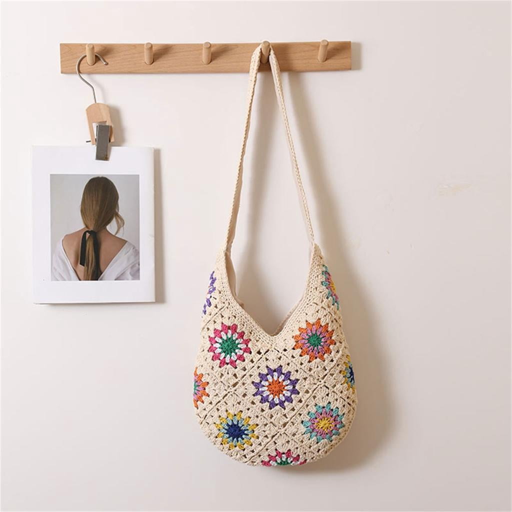 Giaone Women Handbag Knitted Shoulder Bag Crochet Beach Bag Flowers Crossbody Bag