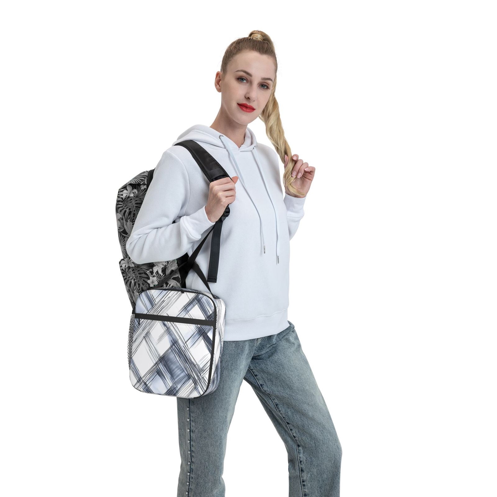 Lunch Bag For Women Men Insulated Portable Lunch Box Bento Box Office Picnic Travel Cooler Bag Silver Checked Hand-Drawn Sketch_1